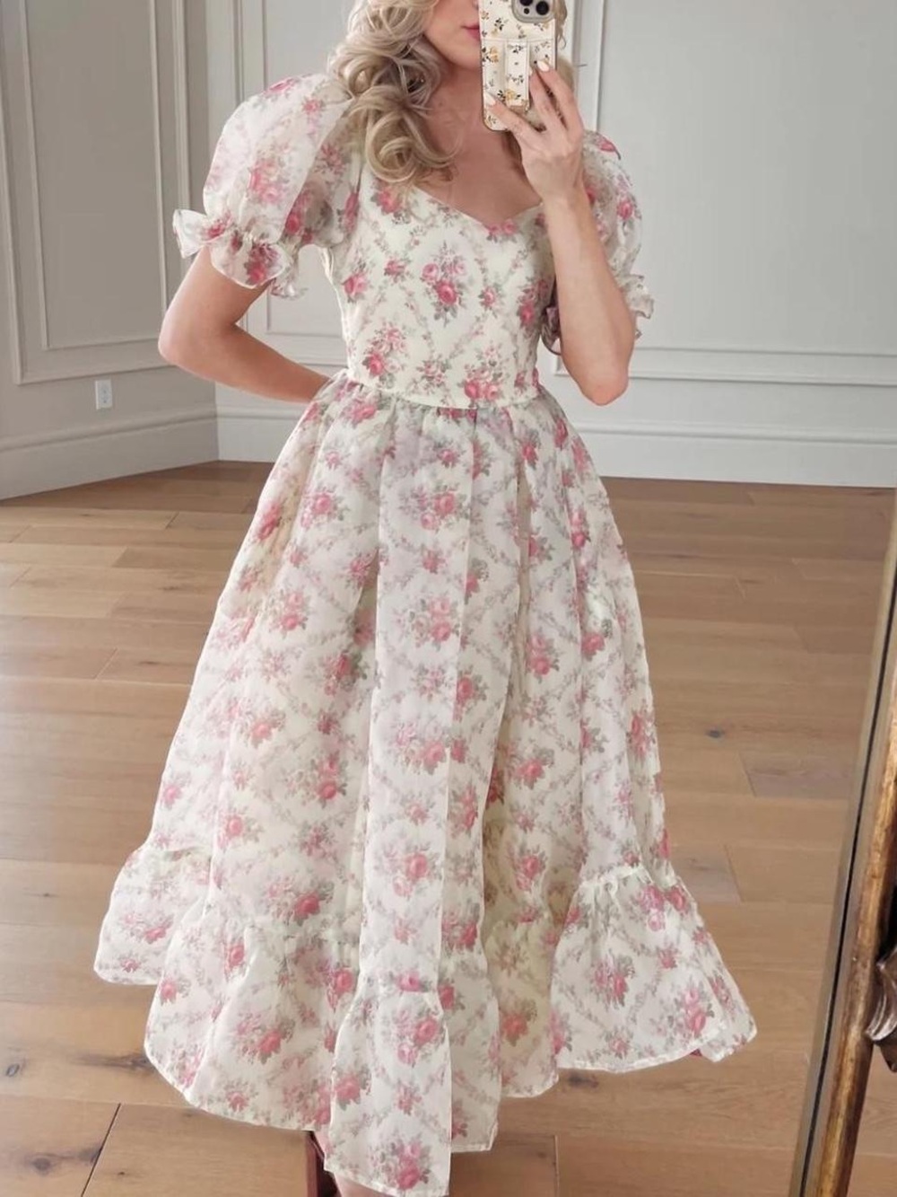 JessaKae Cream and Pink Floral Puff-Sleeve Midi Dress